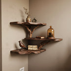 Solid Wood Live-Edge Floating Wall Shelf with Branch Bracket for Entryway