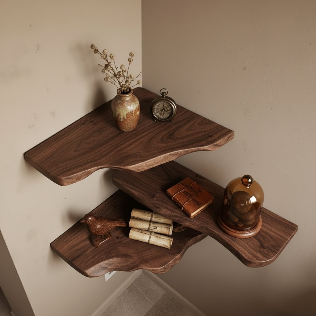 Solid Wood Live-Edge Floating Wall Shelf with Branch Bracket for Entryway