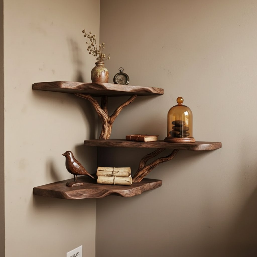 Solid Wood Live-Edge Floating Wall Shelf with Branch Bracket for Entryway