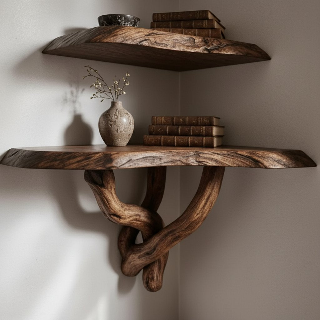 Solid Wood Live-Edge Floating Wall Shelf with Curved Driftwood Bracket for Entryway