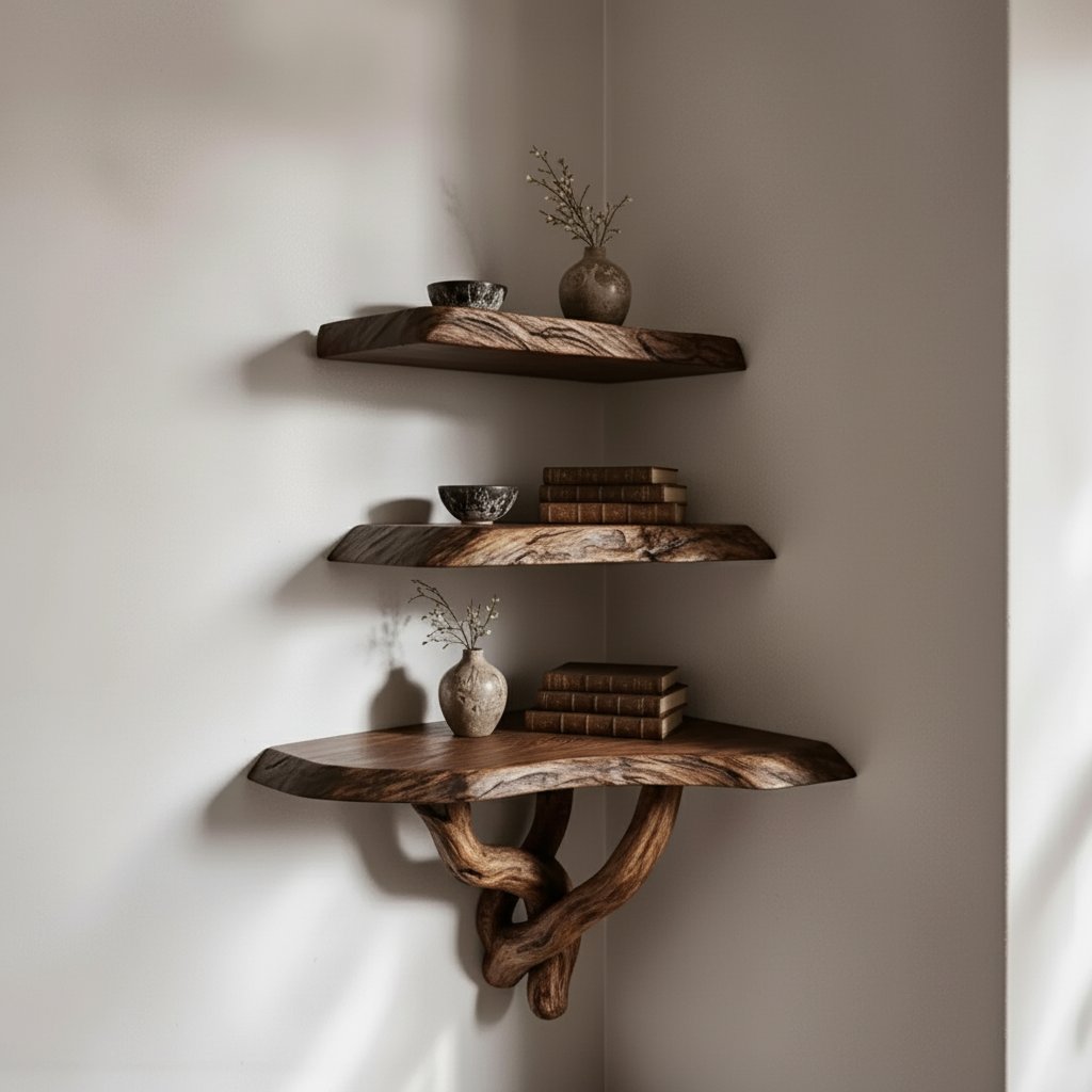 Solid Wood Live-Edge Floating Wall Shelf with Curved Driftwood Bracket for Entryway