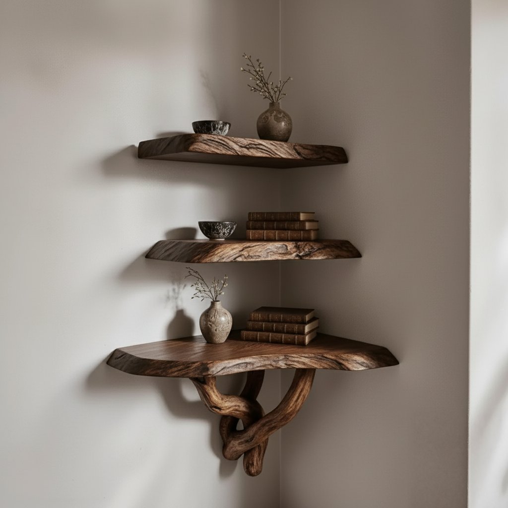 Solid Wood Live-Edge Floating Wall Shelf with Curved Driftwood Bracket for Entryway