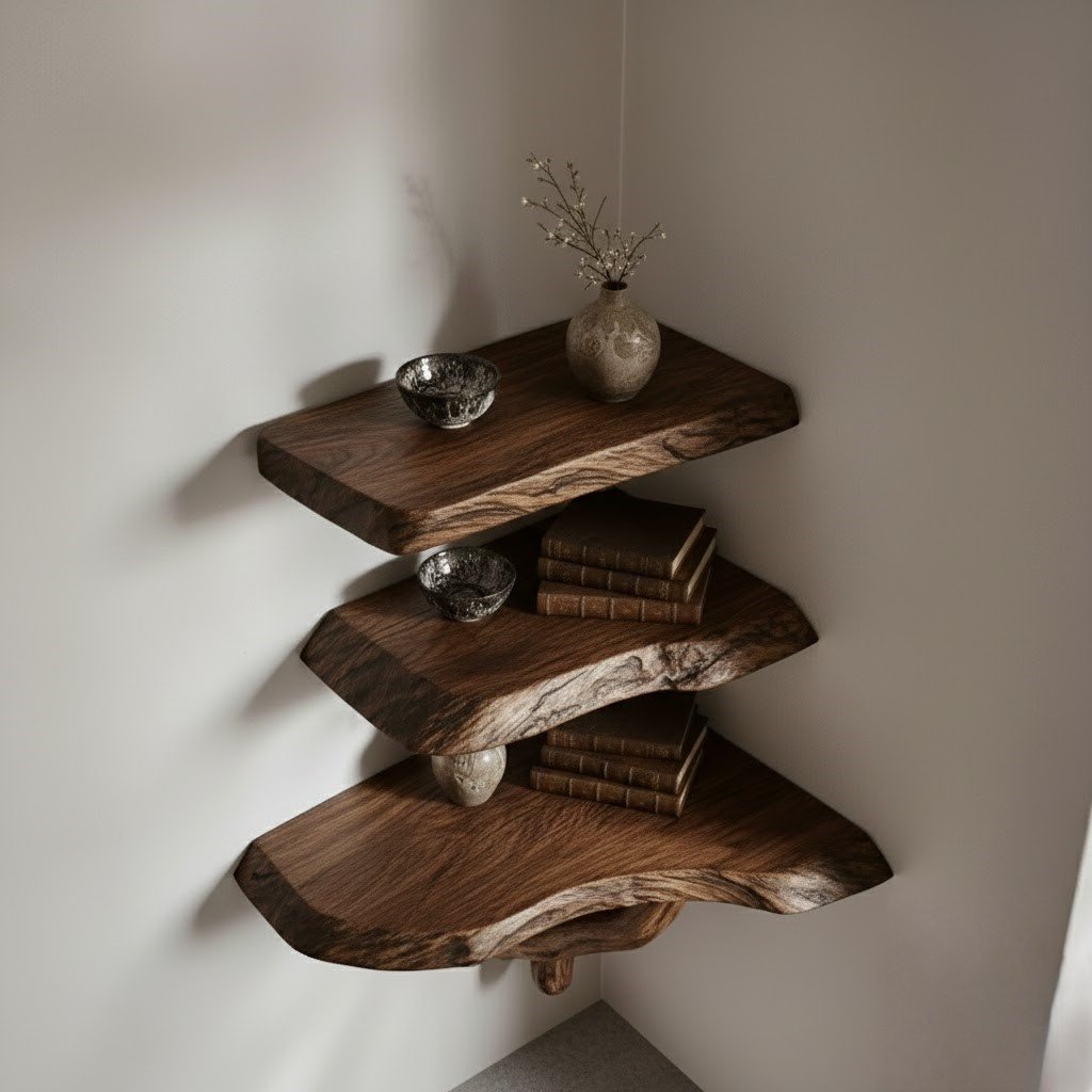 Solid Wood Live-Edge Floating Wall Shelf with Curved Driftwood Bracket for Entryway