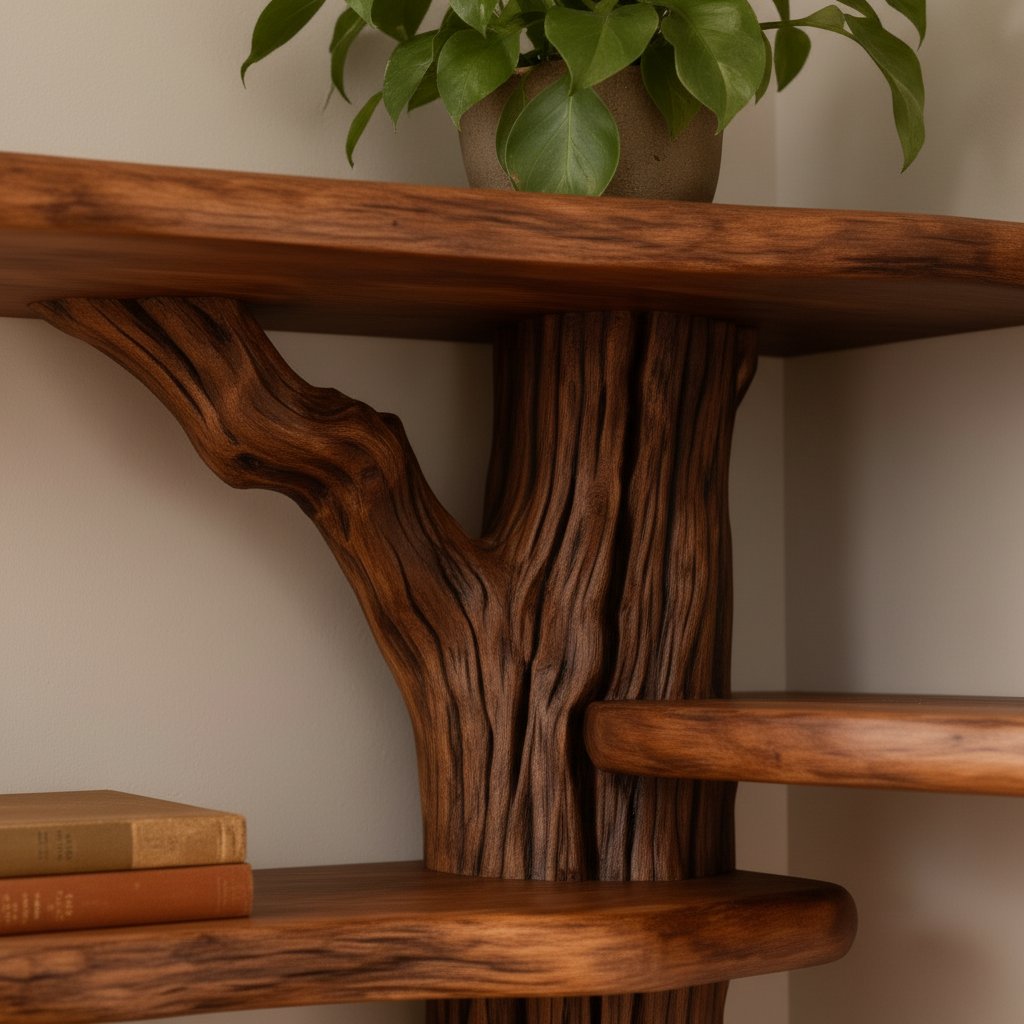 Solid Wood Live-Edge Wall Shelf on Sculptural Twisted Trunk Base for Living Room