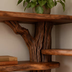 Solid Wood Live-Edge Wall Shelf on Sculptural Twisted Trunk Base for Living Room