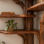 Solid Wood Live-Edge Wall Shelf on Sculptural Twisted Trunk Base for Living Room