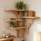 Solid Wood Live-Edge Wall Shelf on Sculptural Twisted Trunk Base for Living Room