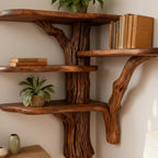 Solid Wood Live-Edge Wall Shelf on Sculptural Twisted Trunk Base for Living Room