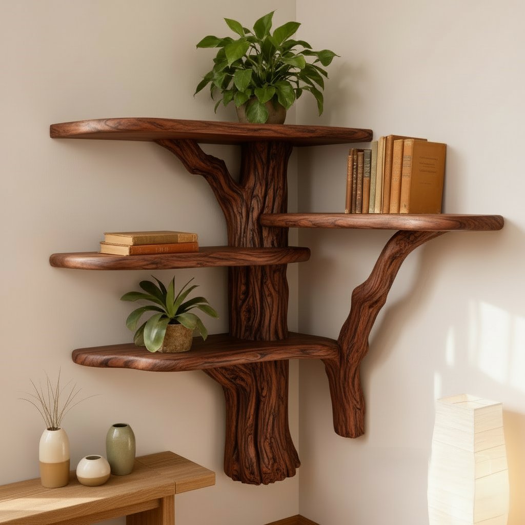 Solid Wood Live-Edge Wall Shelf on Sculptural Twisted Trunk Base for Living Room