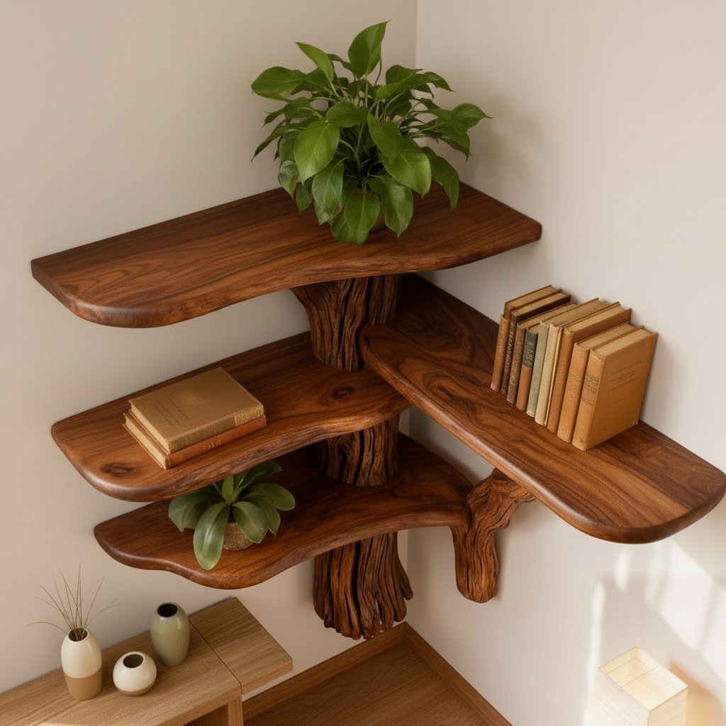 Solid Wood Live-Edge Wall Shelf on Sculptural Twisted Trunk Base for Living Room