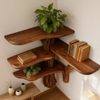 Solid Wood Live-Edge Wall Shelf on Sculptural Twisted Trunk Base for Living Room