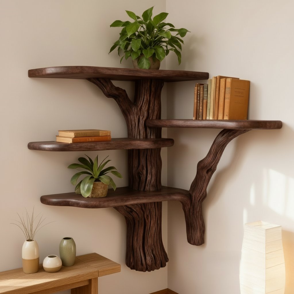 Solid Wood Live-Edge Wall Shelf on Sculptural Twisted Trunk Base for Living Room