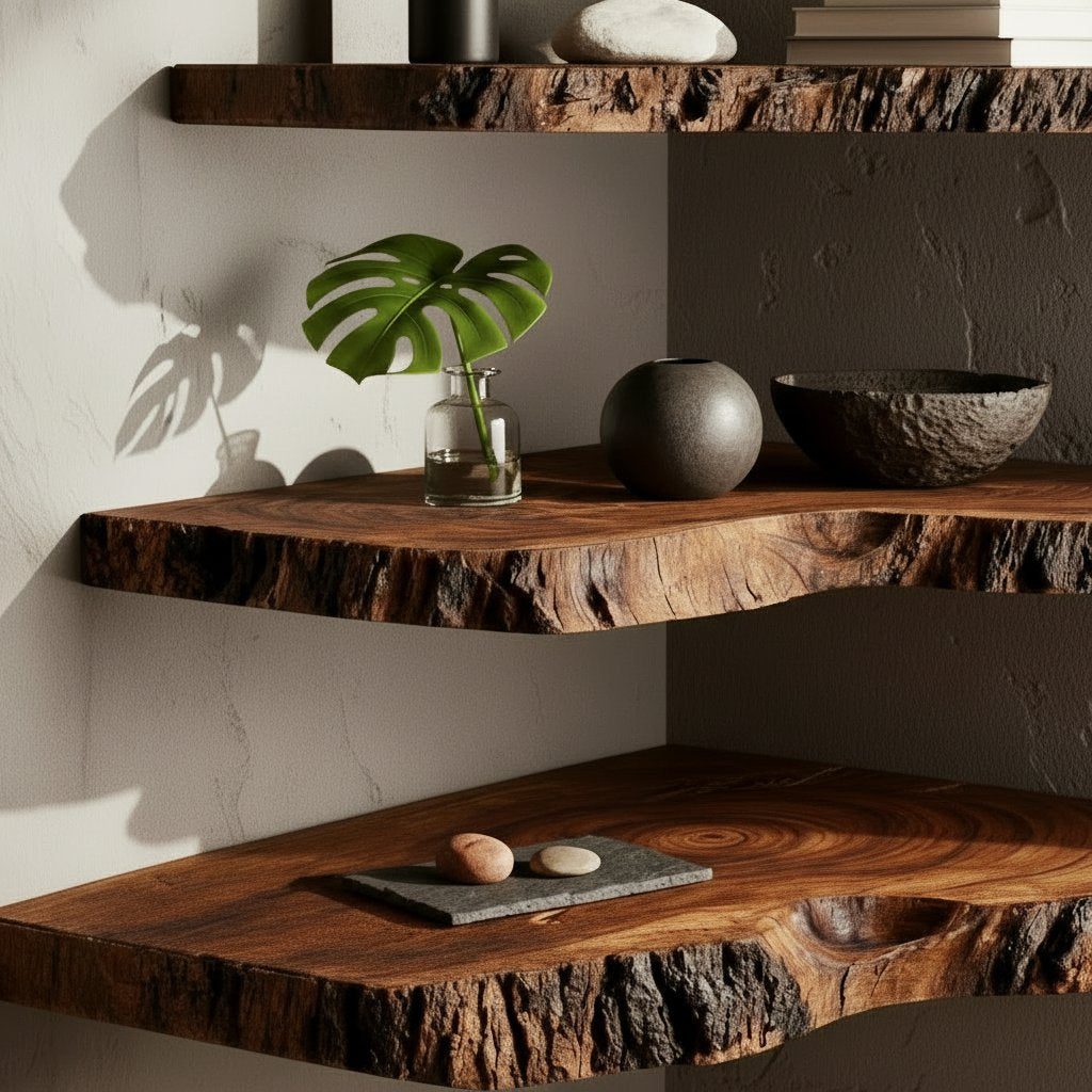 Solid Wood Live-Edge Tiered Corner Shelf with Natural Bark Edge for Living Room