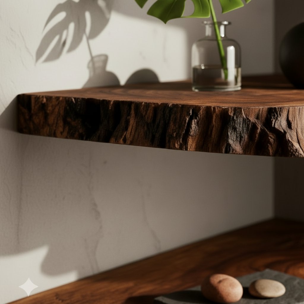 Solid Wood Live-Edge Tiered Corner Shelf with Natural Bark Edge for Living Room