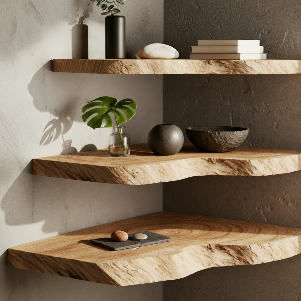 Solid Wood Live-Edge Tiered Corner Shelf with Natural Bark Edge for Living Room