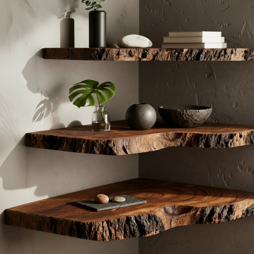 Solid Wood Live-Edge Tiered Corner Shelf with Natural Bark Edge for Living Room