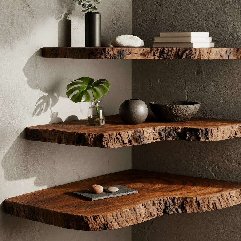 Solid Wood Live-Edge Tiered Corner Shelf with Natural Bark Edge for Living Room