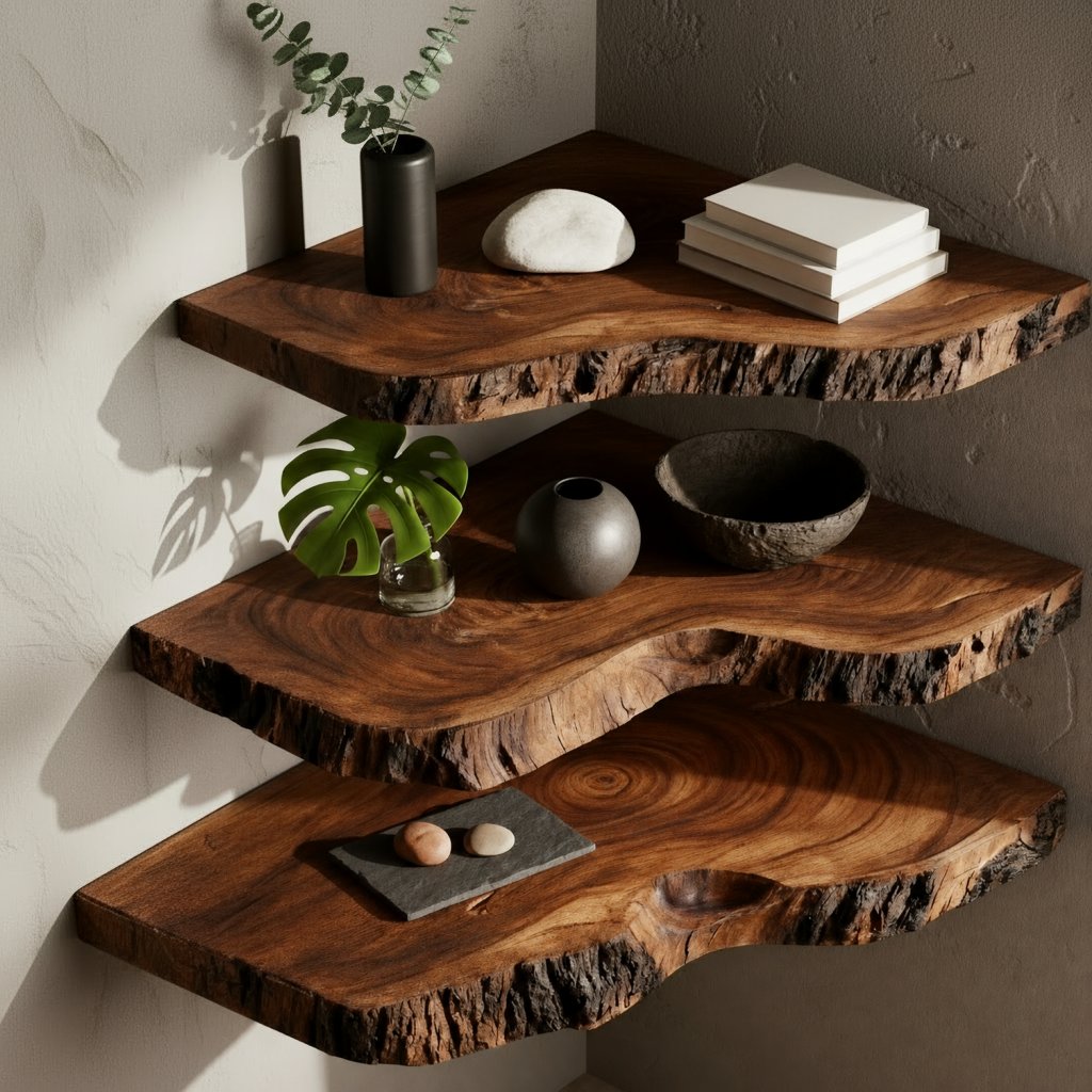 Solid Wood Live-Edge Tiered Corner Shelf with Natural Bark Edge for Living Room