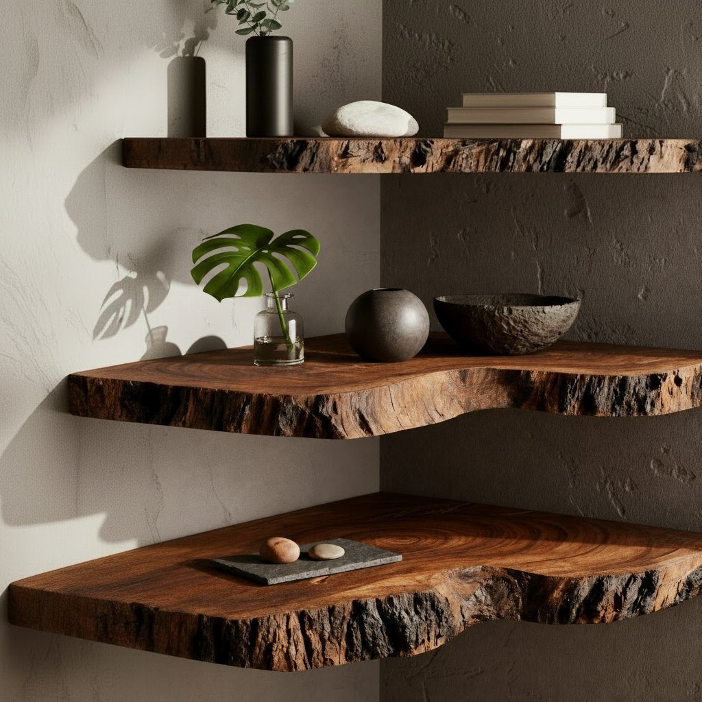 Solid Wood Live-Edge Tiered Corner Shelf with Natural Bark Edge for Living Room