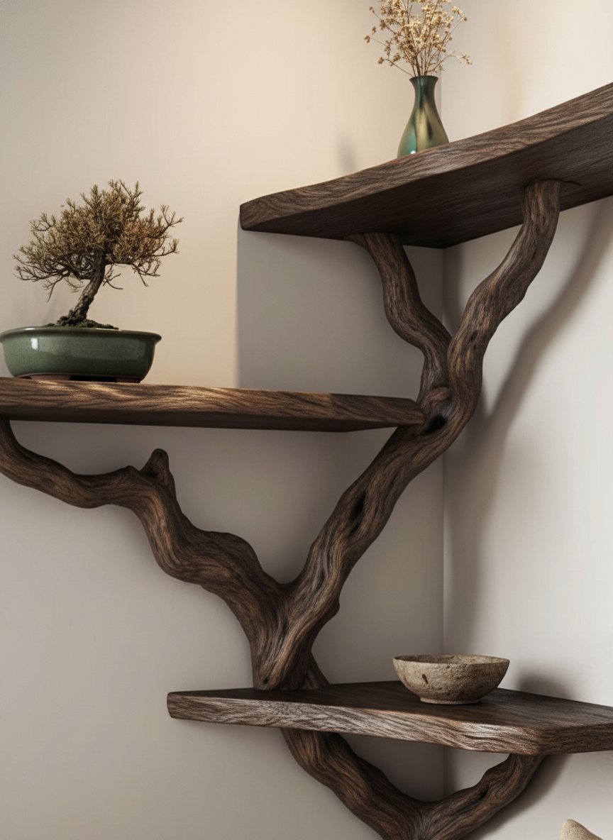 Solid Wood Live-Edge Floating Wall Shelf with Branch Bracket for Bonsai Display