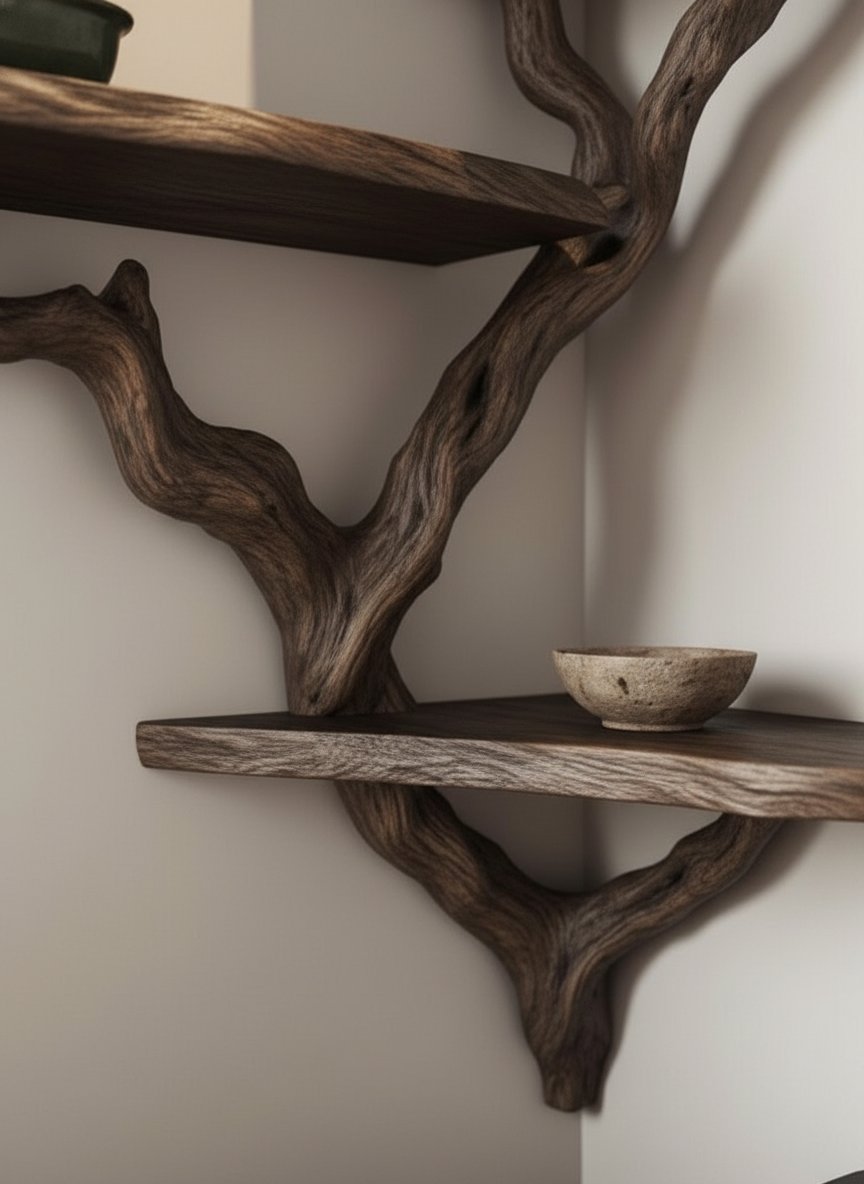Solid Wood Live-Edge Floating Wall Shelf with Branch Bracket for Bonsai Display