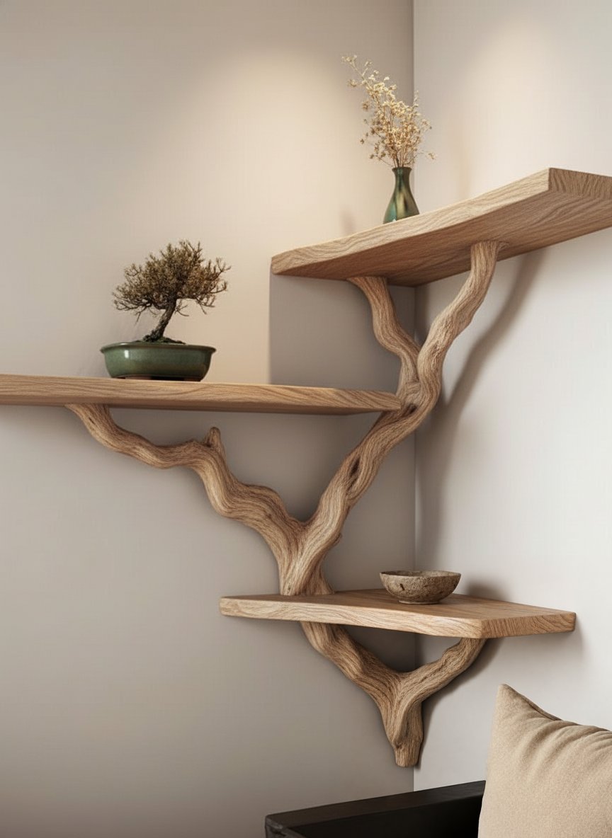 Solid Wood Live-Edge Floating Wall Shelf with Branch Bracket for Bonsai Display