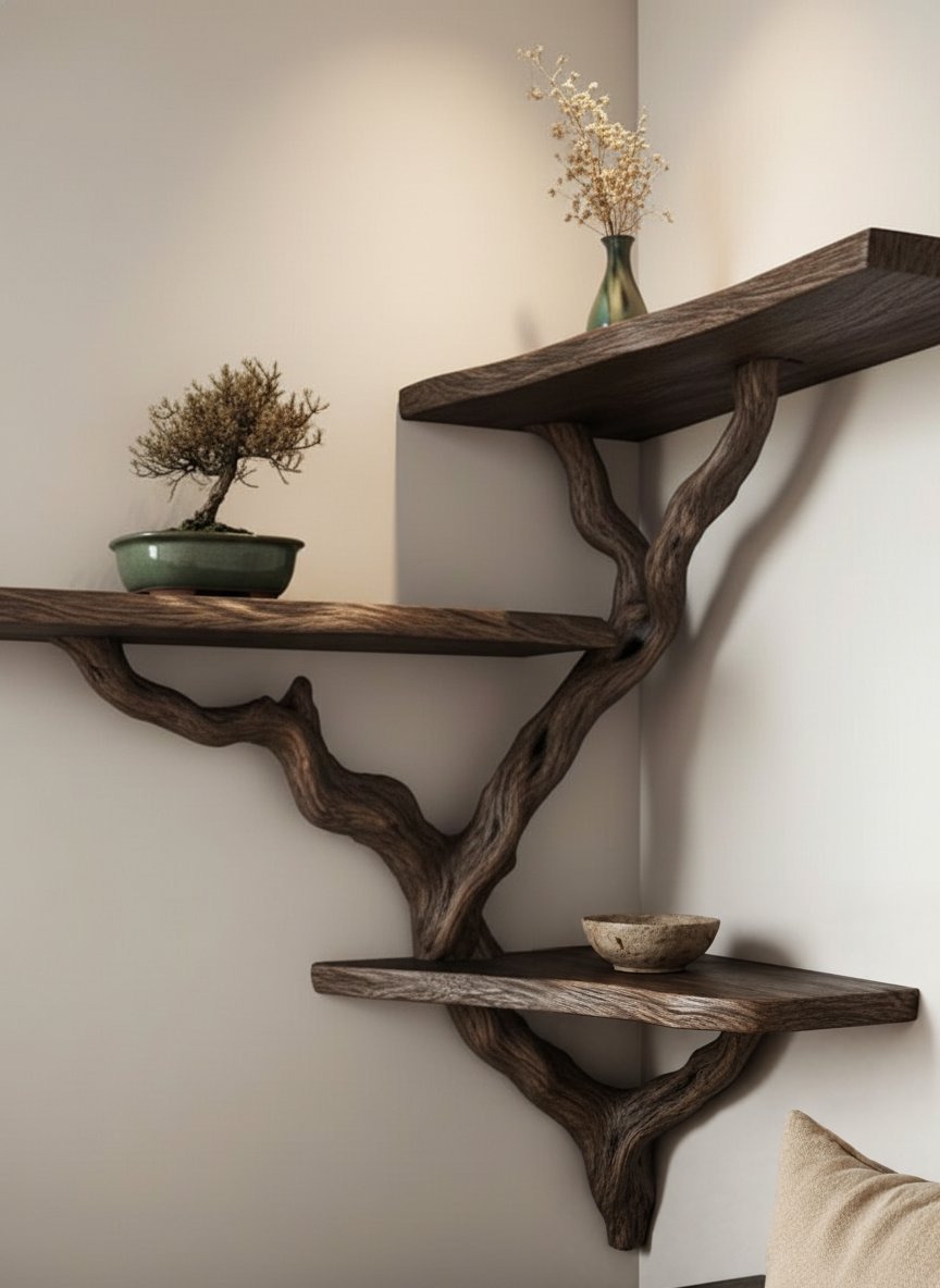 Solid Wood Live-Edge Floating Wall Shelf with Branch Bracket for Bonsai Display