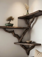 Solid Wood Live-Edge Floating Wall Shelf with Branch Bracket for Bonsai Display