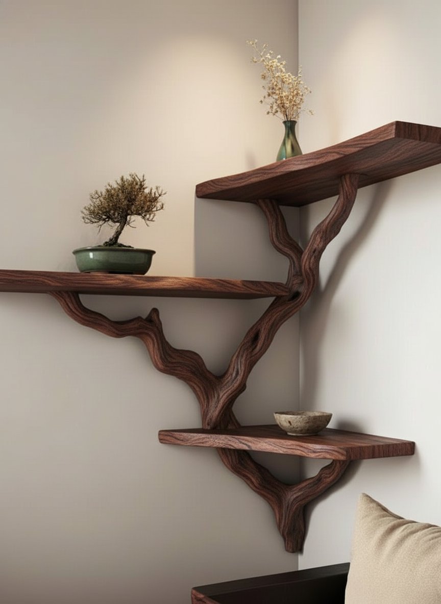 Solid Wood Live-Edge Floating Wall Shelf with Branch Bracket for Bonsai Display