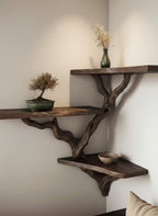 Solid Wood Live-Edge Floating Wall Shelf with Branch Bracket for Bonsai Display