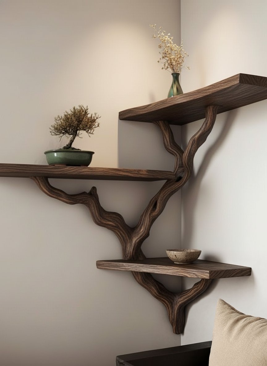 Solid Wood Live-Edge Floating Wall Shelf with Branch Bracket for Bonsai Display