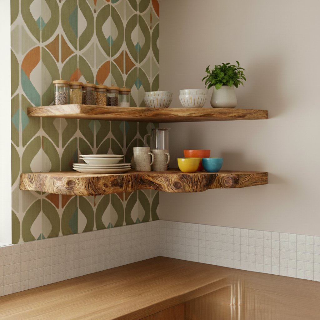 Solid Wood Live-Edge Tiered Corner Shelf for Kitchen and Dining Display
