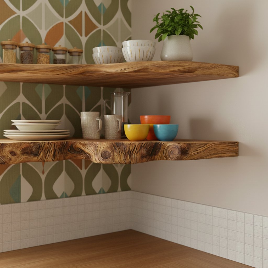 Solid Wood Live-Edge Tiered Corner Shelf for Kitchen and Dining Display
