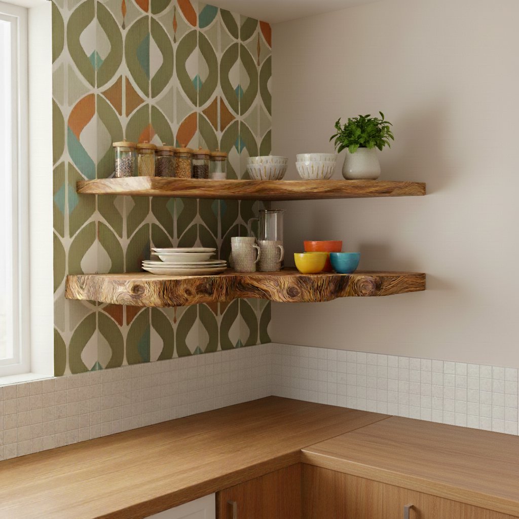 Solid Wood Live-Edge Tiered Corner Shelf for Kitchen and Dining Display