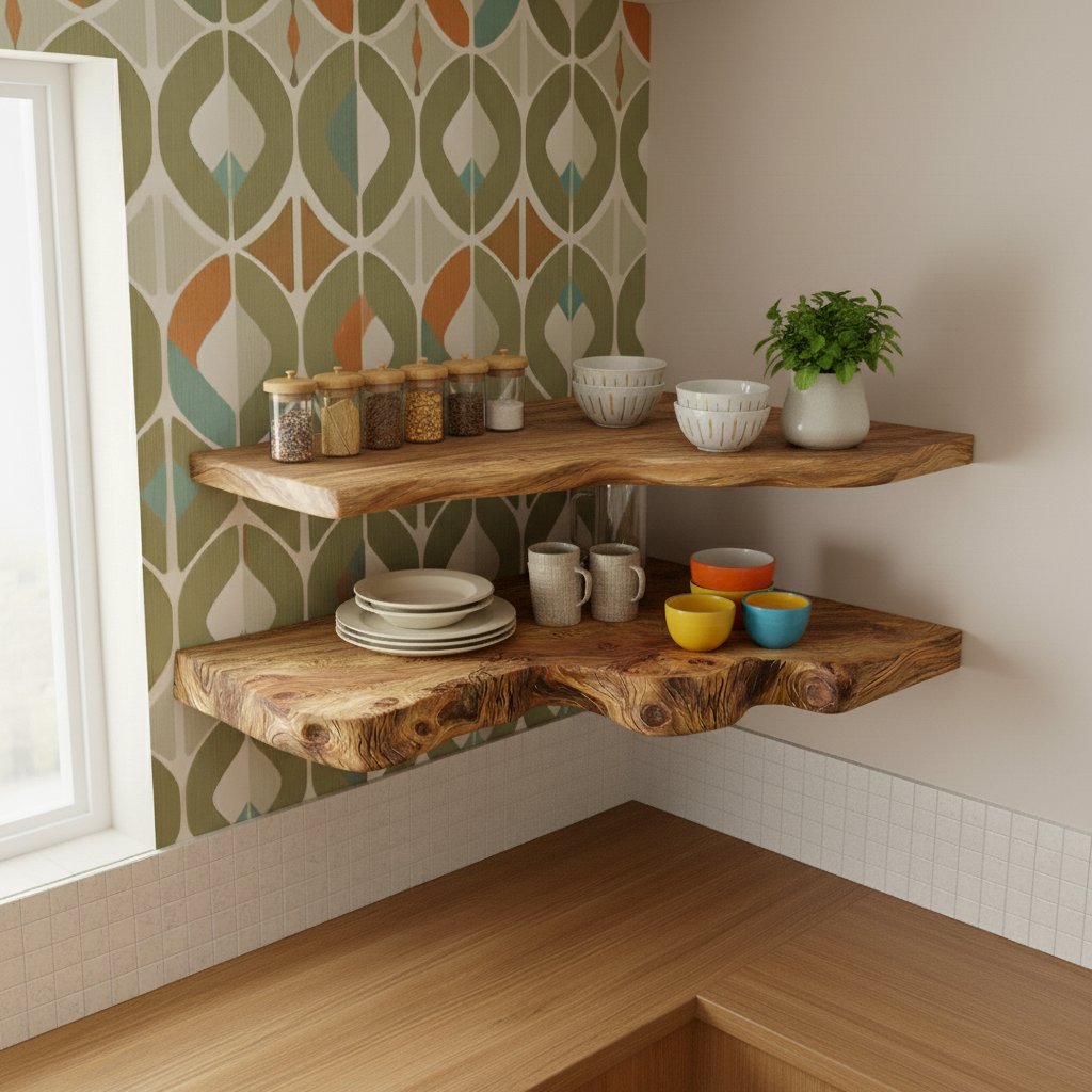 Solid Wood Live-Edge Tiered Corner Shelf for Kitchen and Dining Display