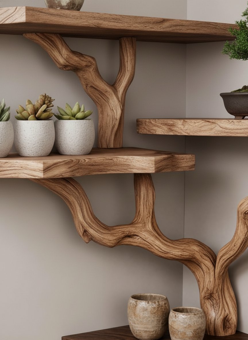 Solid Wood Live-Edge Branch Wall Shelf with Tiered Slabs for Plant Display