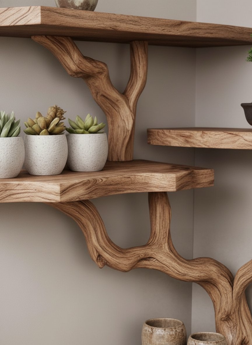 Solid Wood Live-Edge Branch Wall Shelf with Tiered Slabs for Plant Display
