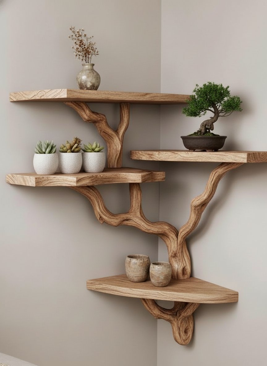 Solid Wood Live-Edge Branch Wall Shelf with Tiered Slabs for Plant Display