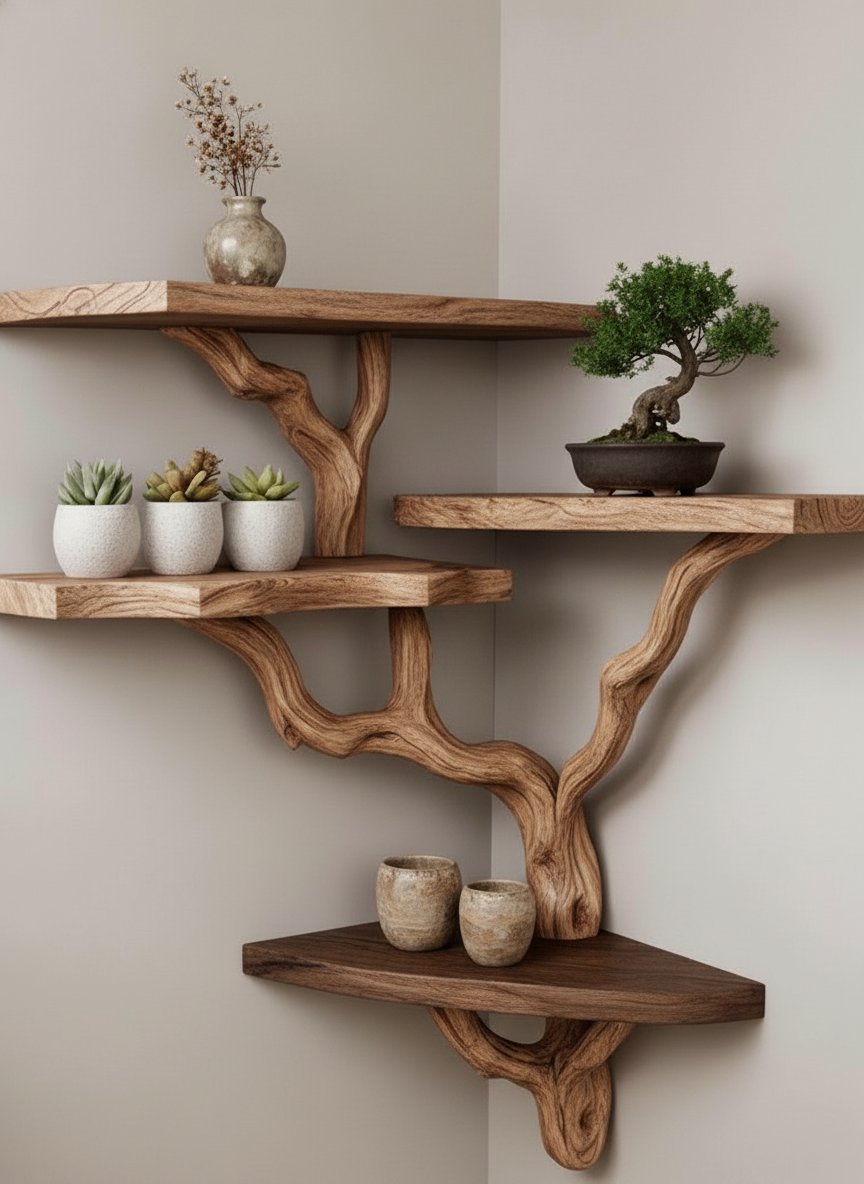 Solid Wood Live-Edge Branch Wall Shelf with Tiered Slabs for Plant Display