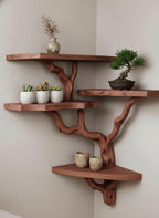Solid Wood Live-Edge Branch Wall Shelf with Tiered Slabs for Plant Display