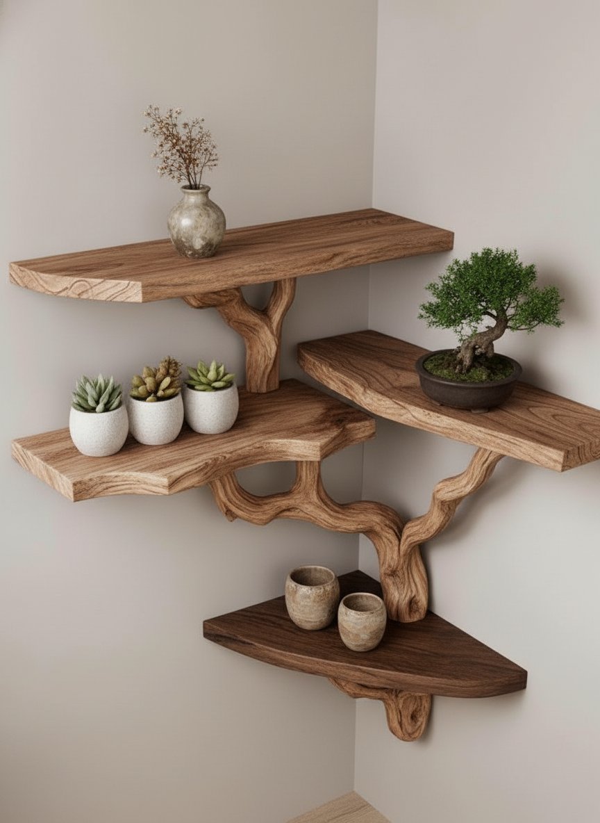 Solid Wood Live-Edge Branch Wall Shelf with Tiered Slabs for Plant Display