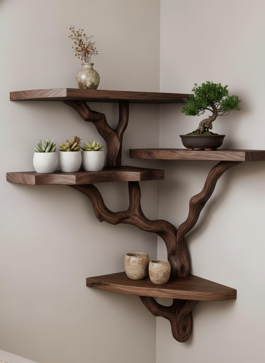 Solid Wood Live-Edge Branch Wall Shelf with Tiered Slabs for Plant Display