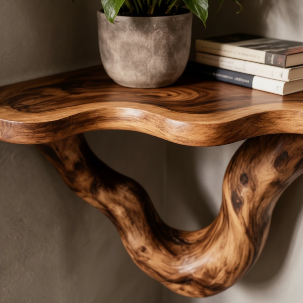 Solid Wood Live-Edge Floating Wall Shelf with Sculptural S-Curve Bracket
