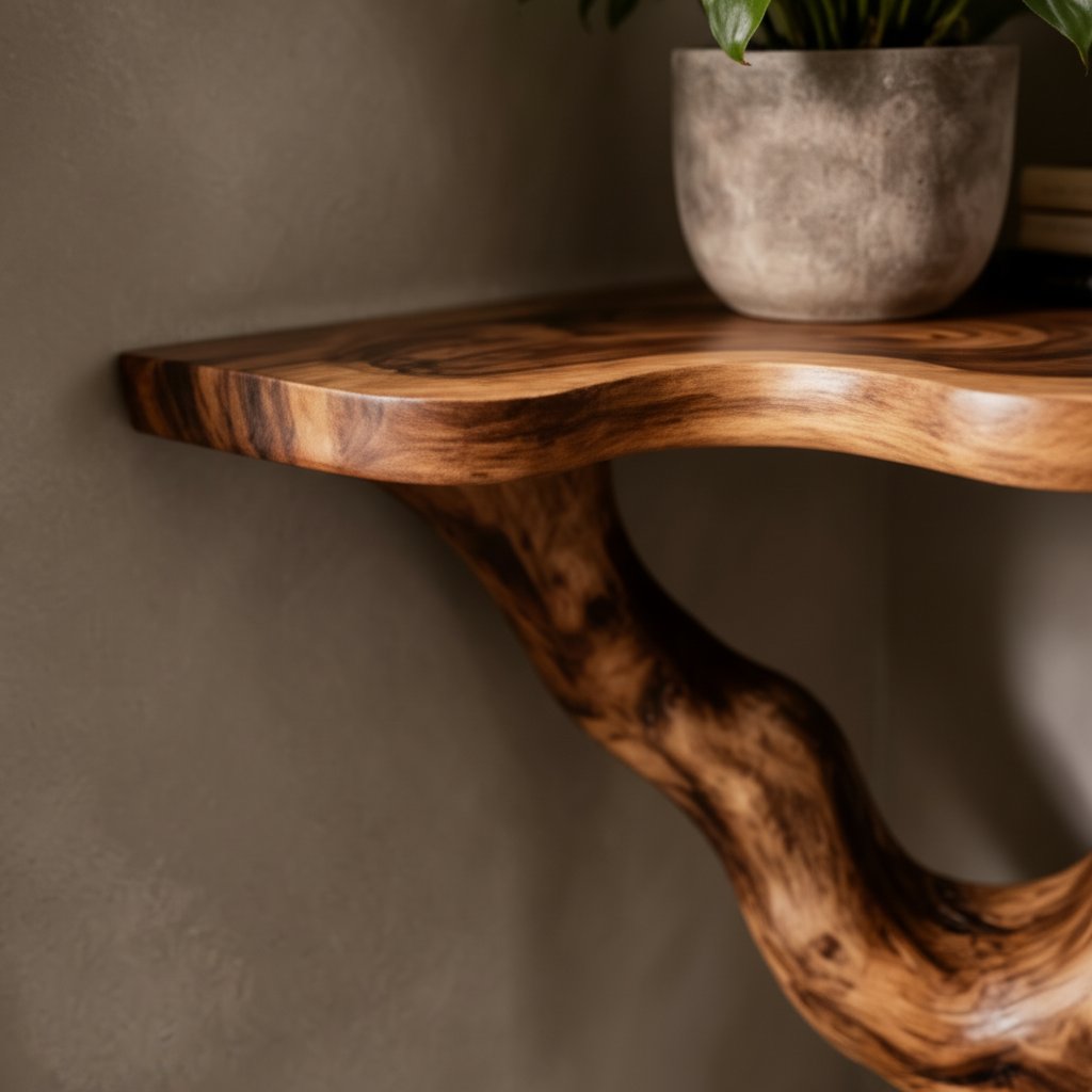 Solid Wood Live-Edge Floating Wall Shelf with Sculptural S-Curve Bracket