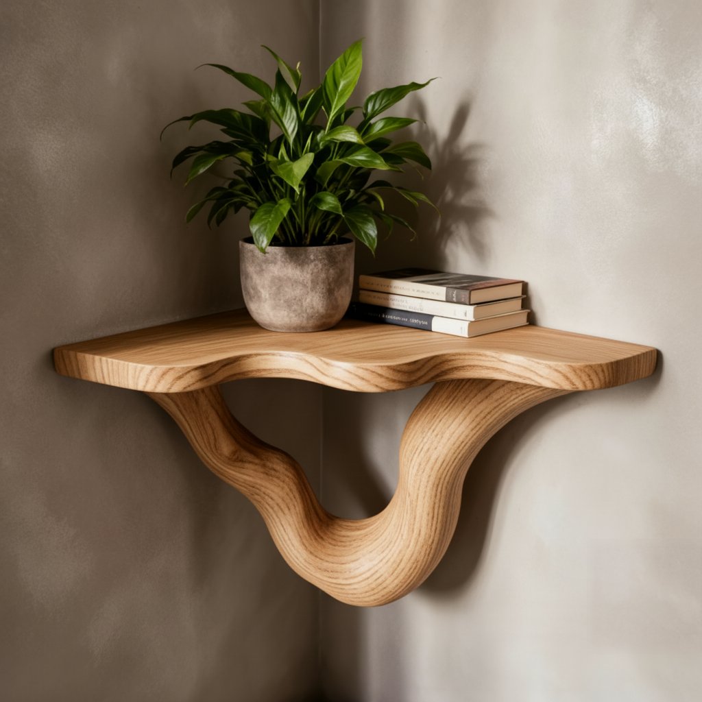Solid Wood Live-Edge Floating Wall Shelf with Sculptural S-Curve Bracket
