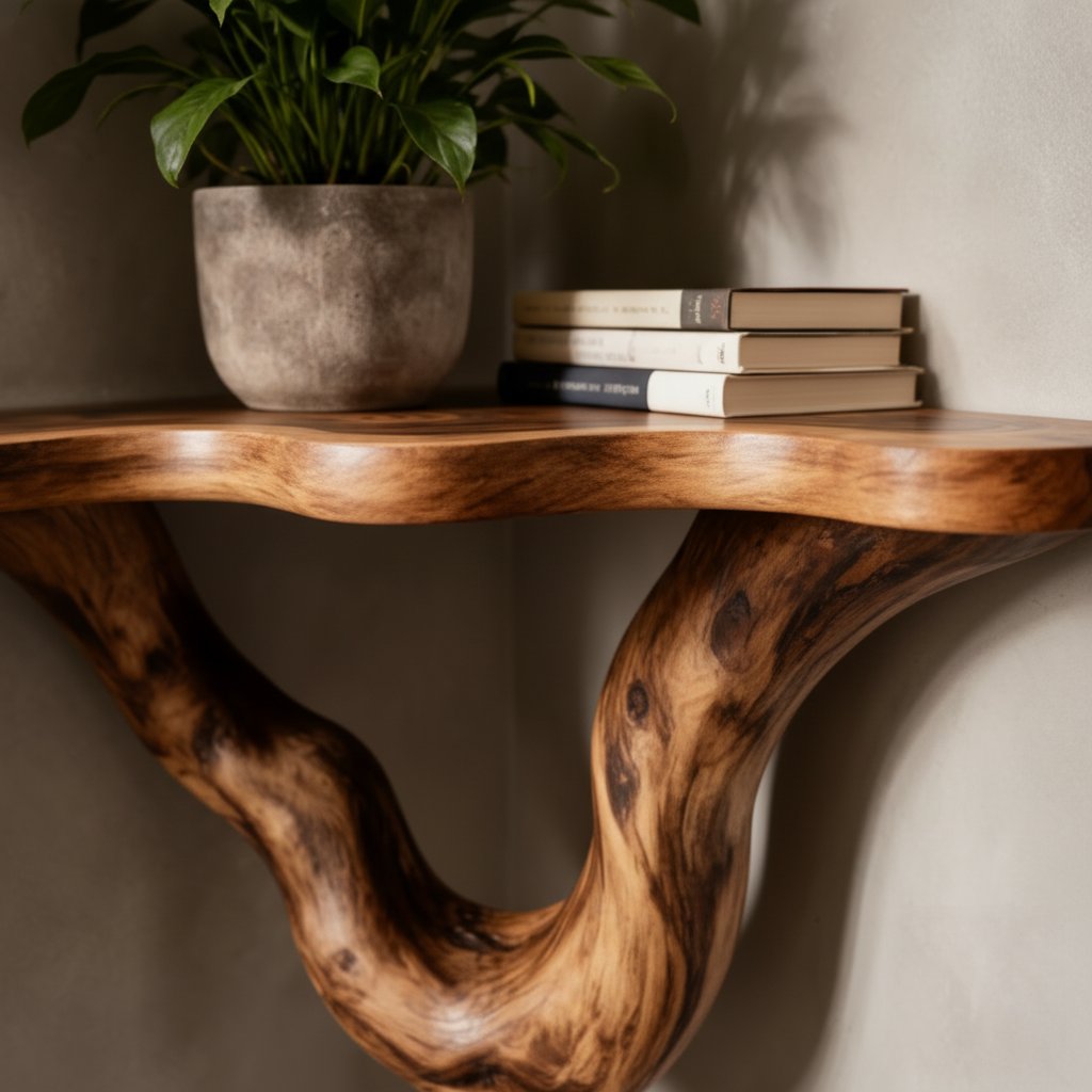 Solid Wood Live-Edge Floating Wall Shelf with Sculptural S-Curve Bracket