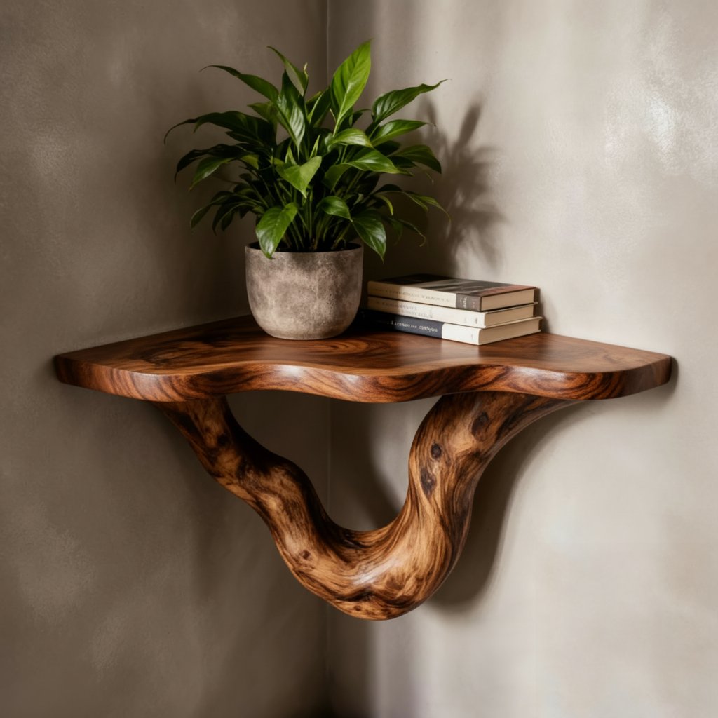 Solid Wood Live-Edge Floating Wall Shelf with Sculptural S-Curve Bracket