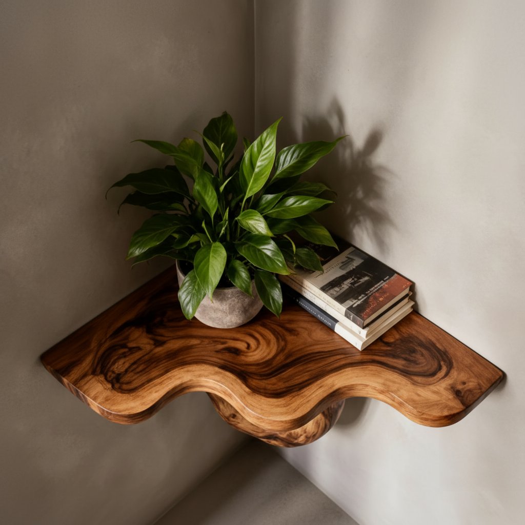 Solid Wood Live-Edge Floating Wall Shelf with Sculptural S-Curve Bracket