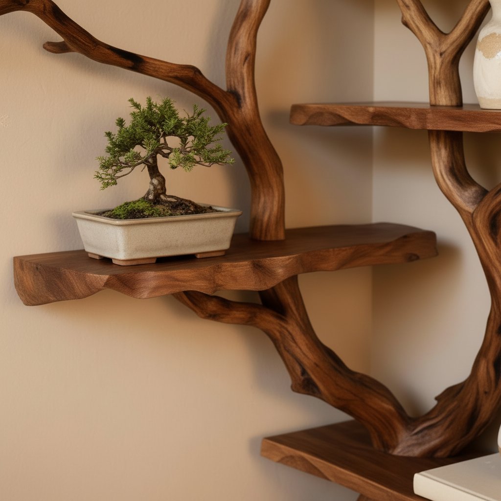 Solid Wood Live-Edge Branch Wall Shelf with Multiple Tiers for Bonsai and Books