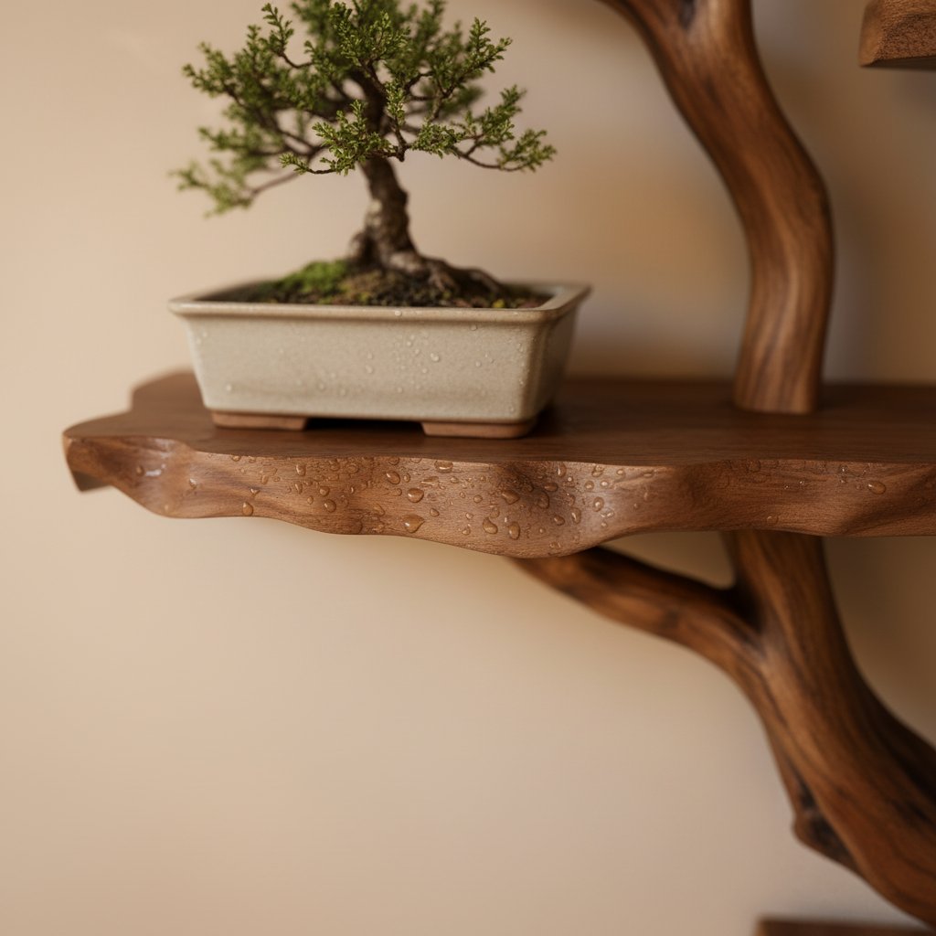 Solid Wood Live-Edge Branch Wall Shelf with Multiple Tiers for Bonsai and Books